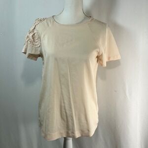 ZARA BASIC Women's Beige T-Shirt with Ruffle Shoulder Detail Size M